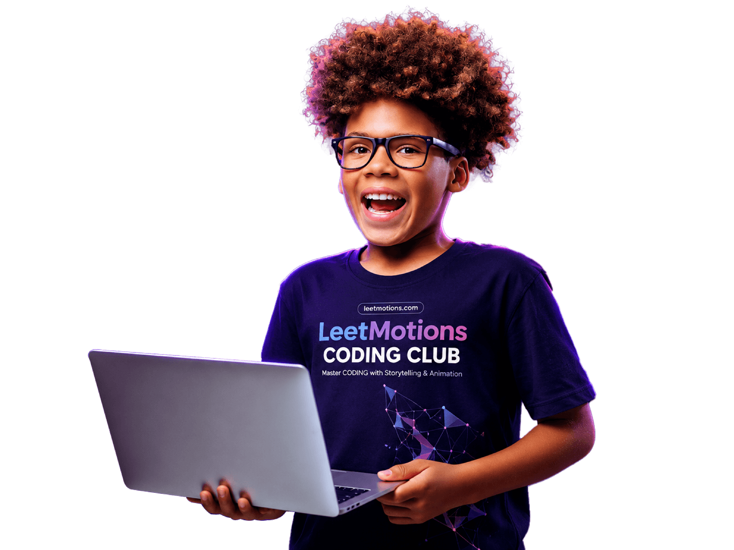 Happy LeetCamp student coding on a laptop